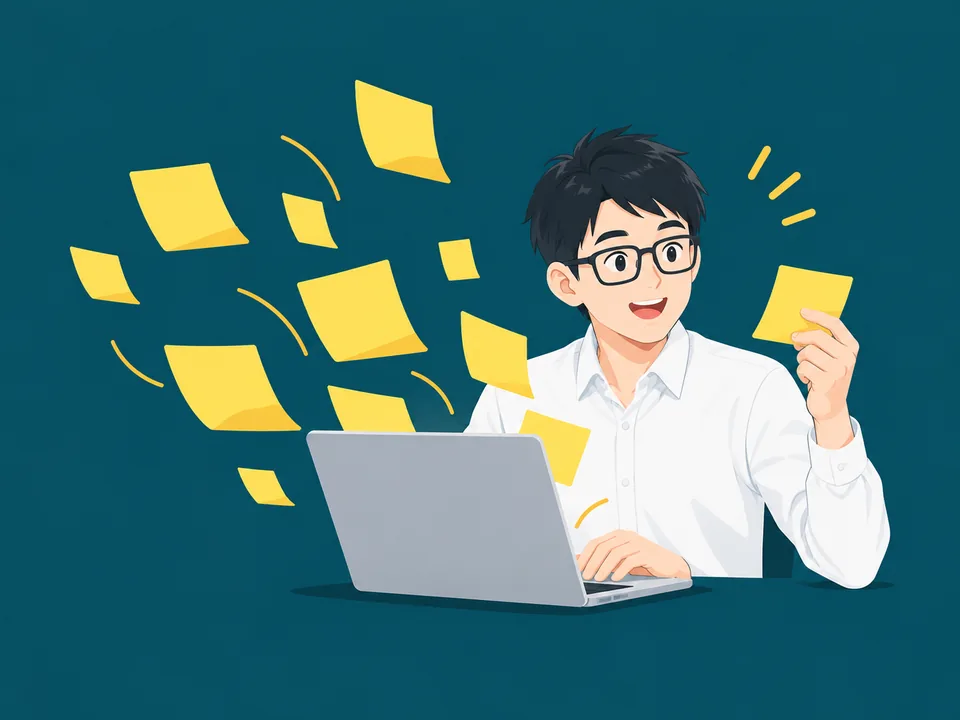 ノートパソコンから飛び出してくる黄色い付箋を、驚きながら手に取る会社員のイラスト