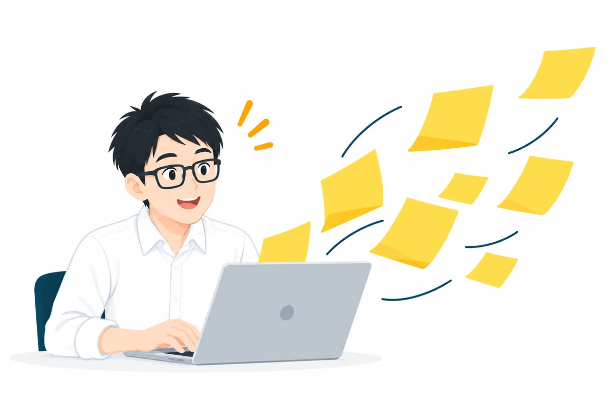 パソコンから飛び出してくる黄色い付箋（AIからの指示）を見て驚く会社員のイラスト