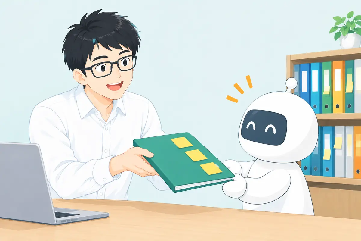 黄色い付箋が貼られたファイルを、笑顔のアシスタントロボットに手渡す会社員のイラスト