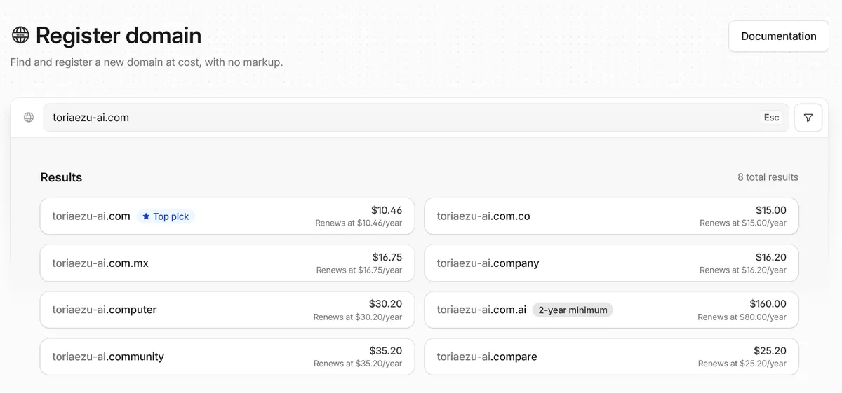 Cloudflareのドメイン検索結果。toriaezu-ai.com が10.46ドル、更新も10.46ドルと表示されている